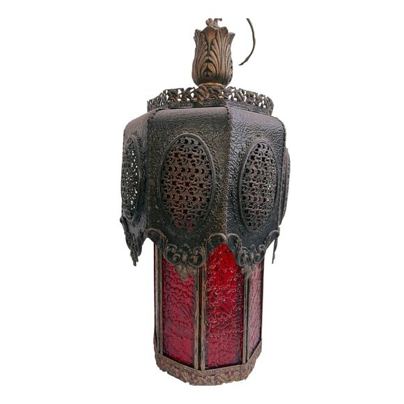 Pair Vintage 23” Red Glass Hanging Lantern Lamps – Spanish Revival Gothic - Picture 2 of 6